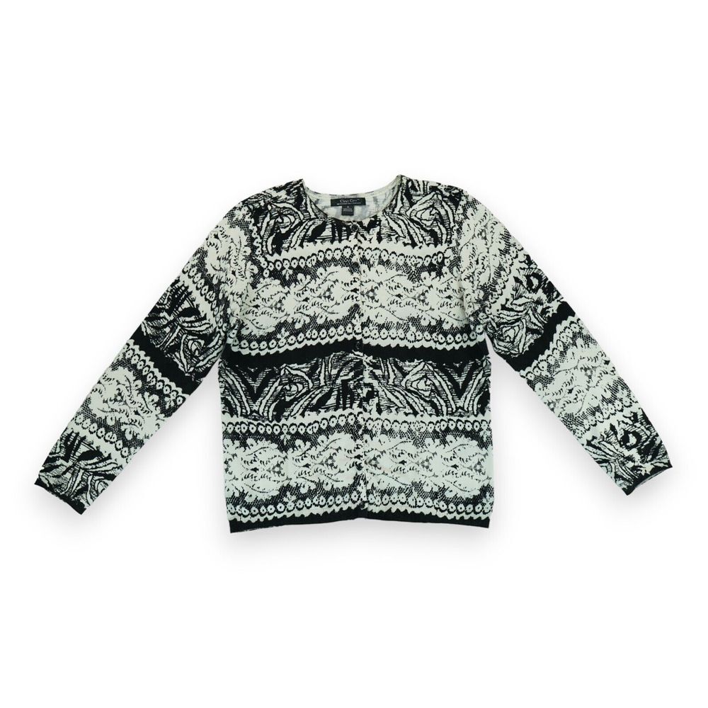 August Silk‎ Women's XL Black & White Cardigan Sweater Button Up All Over Print